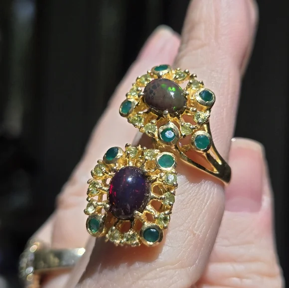 Opal green 💚 Onyx & Peridot sterling &gold ring sz8 adjustable - Picture 9 of 10